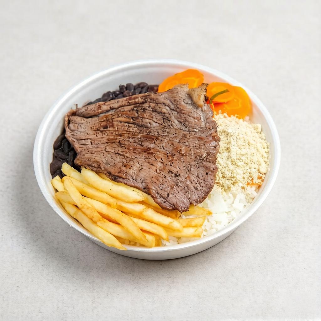 Desfrute do nosso 'Mamitas Le'Bife Grelhado', uma seleção primorosa da categoria 'Marmitas'. Este prato apresenta o mais suculento bife grelhado, perfeitamente temperado e selado para preservar todos os sucos. Acompanha arroz branco soltinho, feijão carioquinha bem temperado e um refogado do Dia, que pode ser de couve ou repolho, trazendo um sabor caseiro inigualável. Para completar, oferecemos uma farofa crocante e você ainda pode escolher entre batatas fritas crocantes, purê de batatas cremoso ou batata palha extra crocante. Uma refeição completa e deliciosa, perfeita para o seu Dia!
