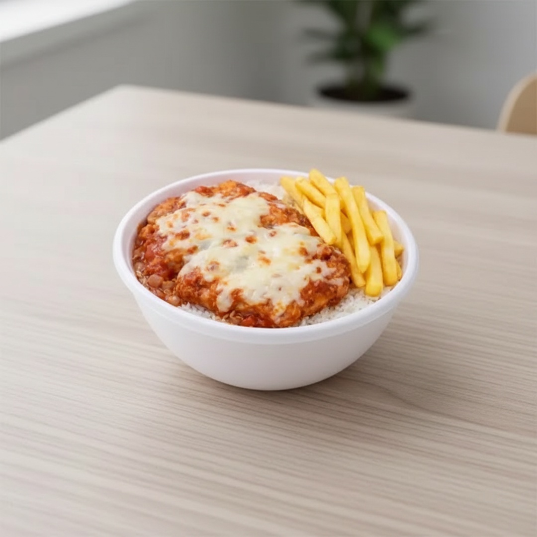 Arroz, feijão, macarrão, legumes do dia, fritura, filé de frango a milanesa