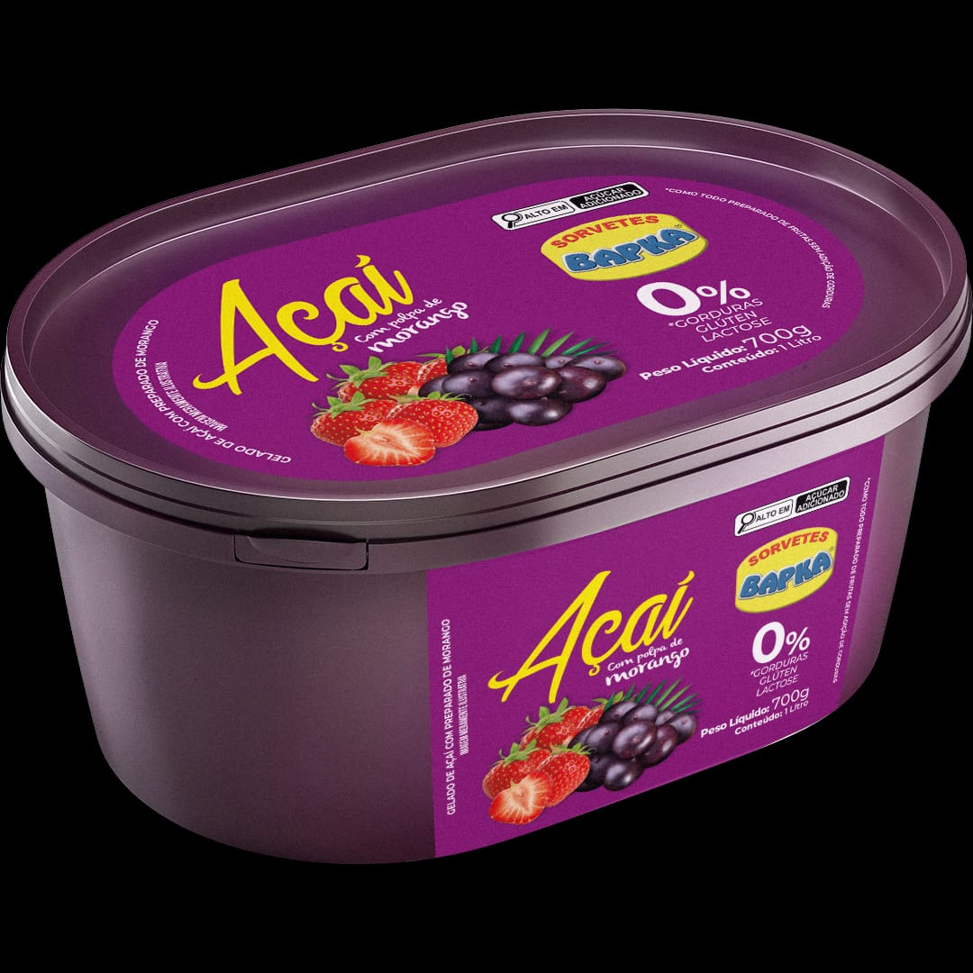 Açaí 1 litro (700g) diversas opções. Não contém glúten nem lactose.