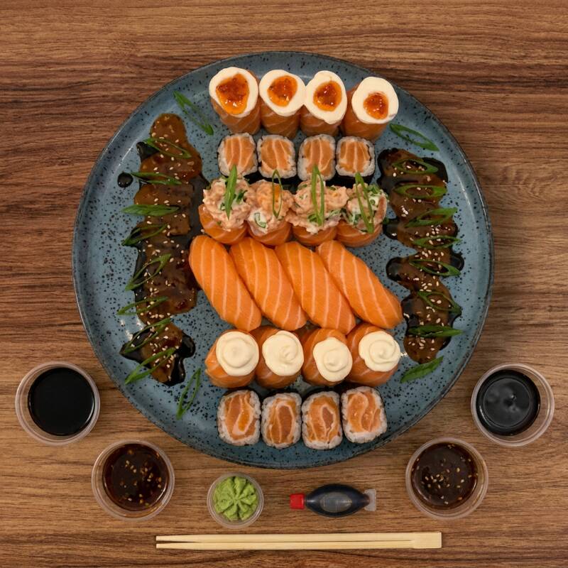 4 Sushi Joy tartar de salmão 4 Sushi Joy Geleia de pimenta 4 Sushi Joy Cream cheese cremoso 4 Sushi salmão fresco 8 Hossomaki salmão fresco Acompanha 2 Shoyu 2 Tarê 1 Wasabi 1 Porta shoyu 1 Hashi