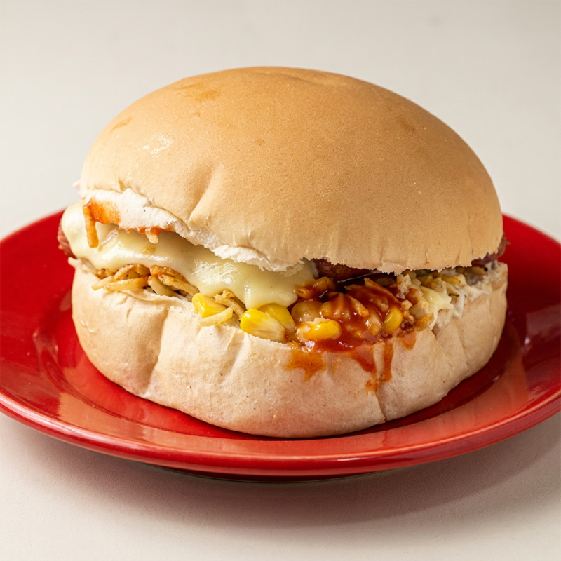 Pão de hambúrguer, Salsicha, Milho, Queijo, Batata Palha, Maionese, Catchup.