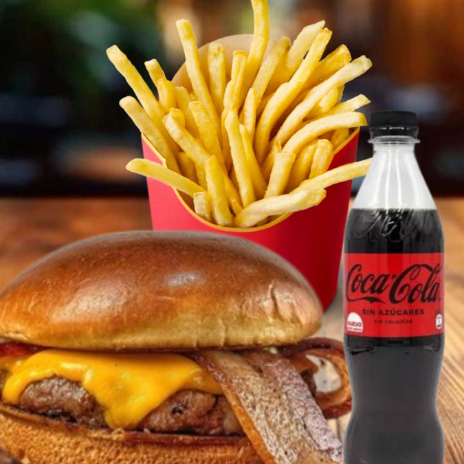 X-bacon (Pão brioche, carne de fraldinha 100g preparada na grelha com bacon), acompanhado de uma Batatinha frita P (120g), mas coca-cola Zero 500ml. Obs: esse X-bacon não acompanha verduras!