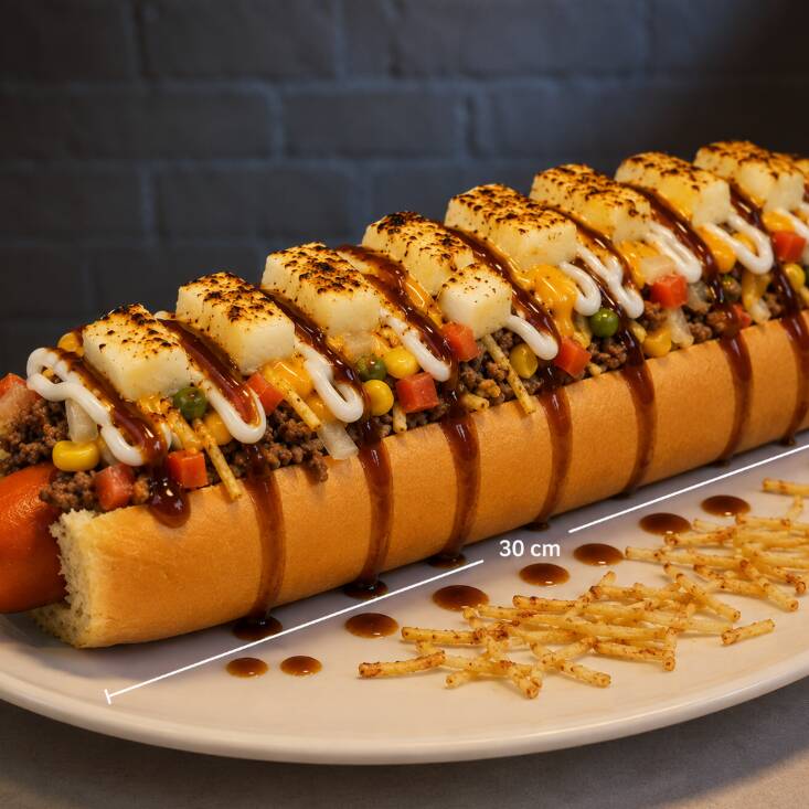 Pão, salsicha,carne moida, coalho, cheddar,Catupiry, cebola, tomate, milho, cenoura, ervilha, batata palha, pure, queijo maçaricado, barbecue, maionese (caseira)