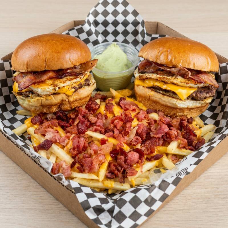 2 Smash Egg Bacon( pão de brioche, blend de carne de 70g, ovo, bacon e molho verde) com batata frita grande com cheddar cremoso e bacon + pote de molho verde.