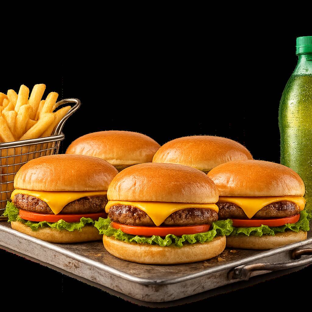Combo completo para dividir com a galera. 4 lanches, refrigerante 2 L, batata frita.