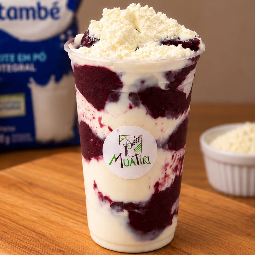 Açaí cremoso, sem xarope de Guaraná, Leite em pó e leite condensado.