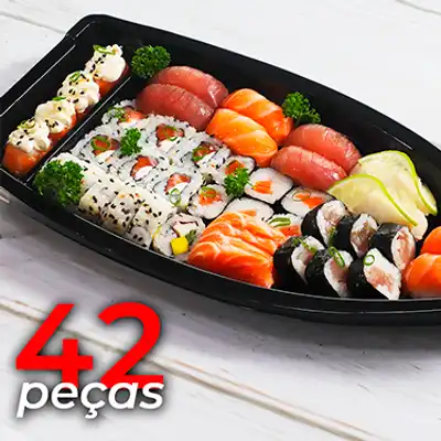4 Joe Joe Tradicional 6 Roll Tekka Maki 6 Roll Salmão Maki 6 Roll Califórnia 6 Roll Uramaki Salmão 4 Sashimi de Salmão 4 Sushi de Salmão 4 Sushi de Atum 2 Sushi de Peixe Branco