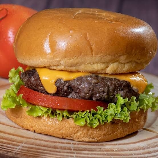 Pão brioche, tomate, cebola e alface, carne industrial 56g, mussarela, bacon e molho especial