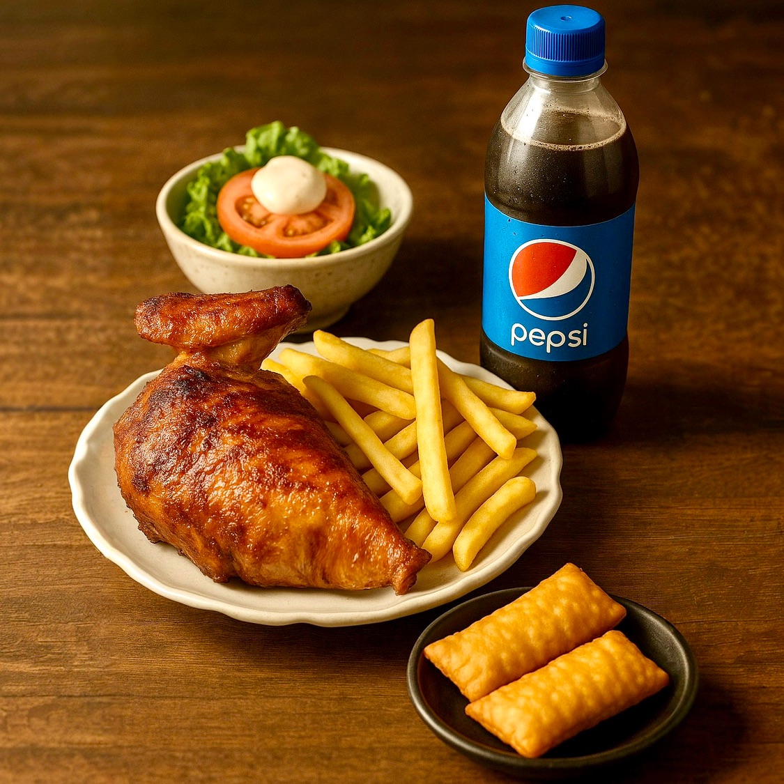 1/4 de Pollo con papas, Tequeños, Ensalada y Pepsi