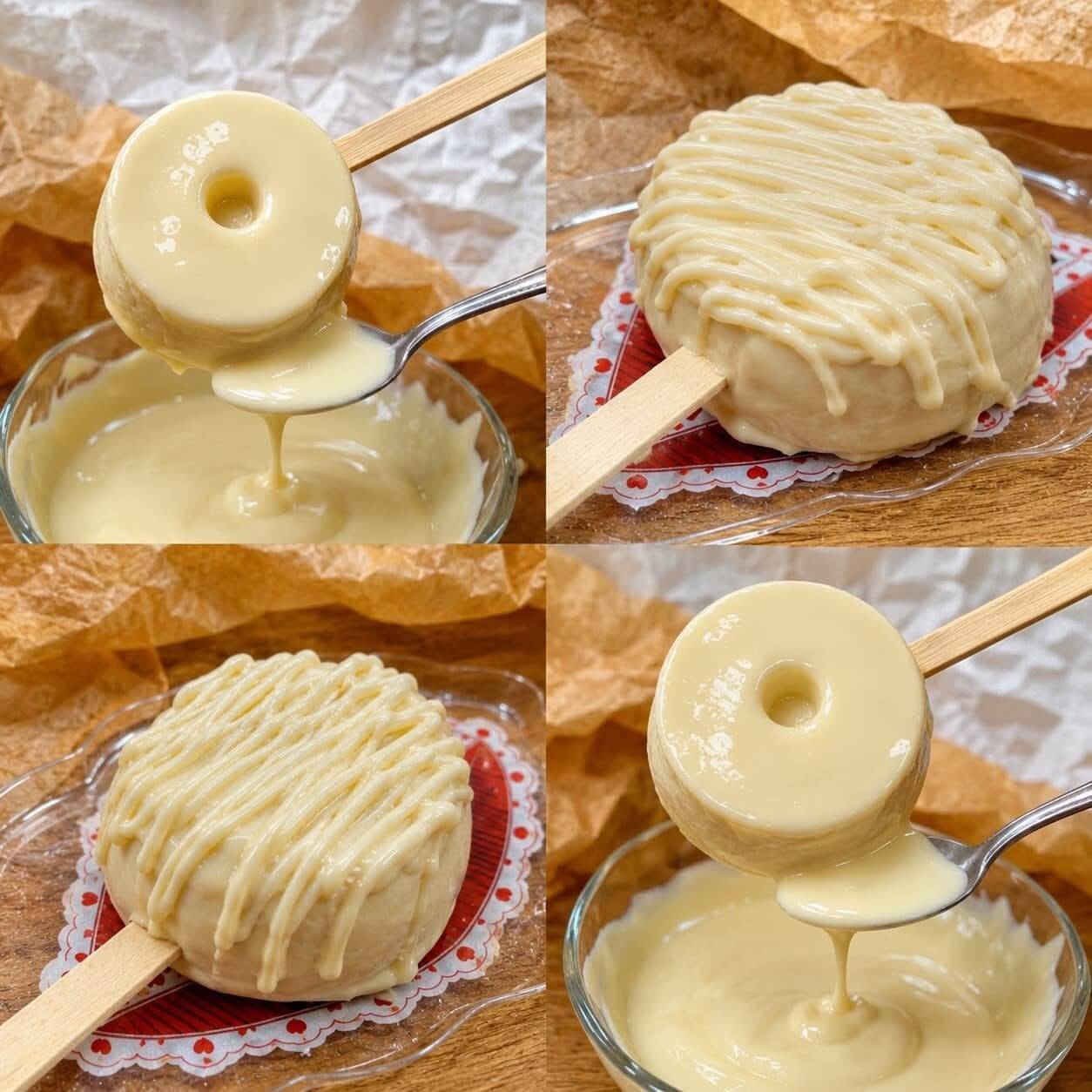 Pudim banhado no chocolate branco, extremamente cremoso.