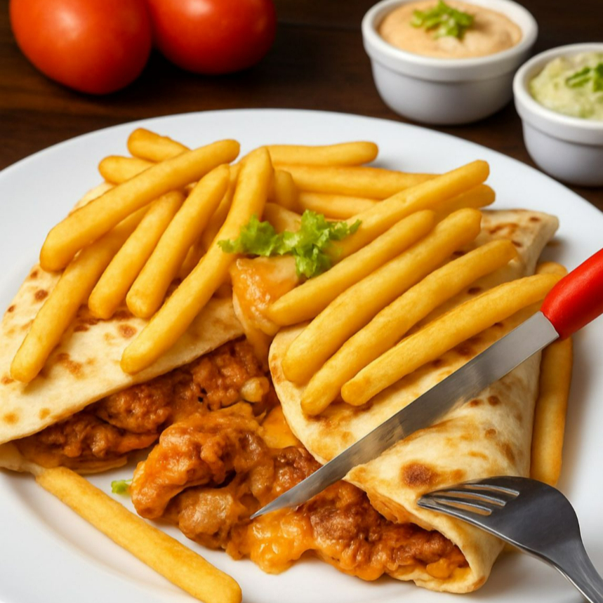 Você vai adorar essa experiência única de sabor !
Pão sirio , 120 g de filé de frango em cubos , queijo presunto ,tomate , alface , maionese caseira e 120 g de batata frita . leve 2 pague 1