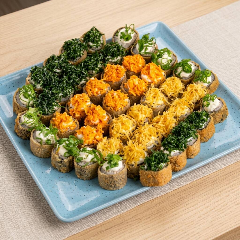 10 hot rolls com Doritos, 10 hot rolls com couve crispy, 10 hot rolls com batata crispy, 10 hot rolls tradicionais de cream cheese. Acompanha 2 hashis, 2 saches de molho shoyo e 2 saches de tarê.