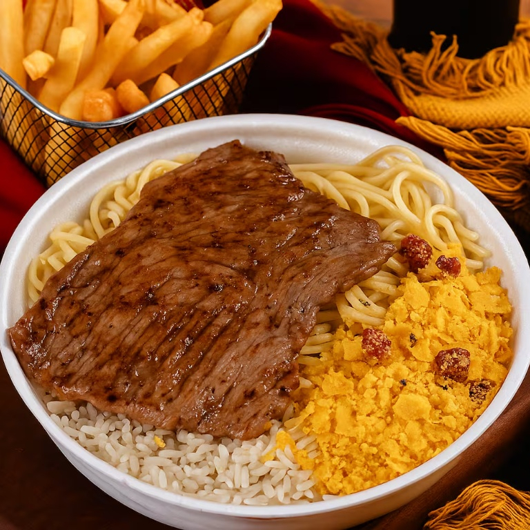 Arroz soltinho, feijão bem temperado, macarrão alho e óleo, farofa crocante, purê de batata cremoso e bife grelhado suculento.