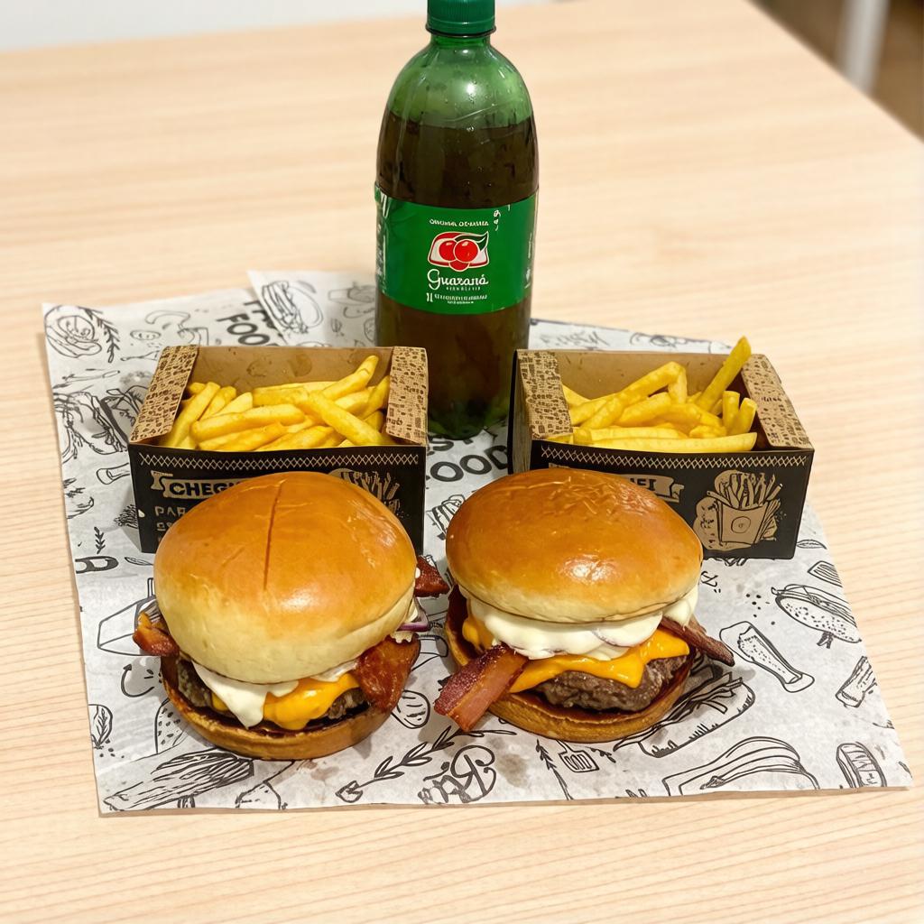 2 burgers no brioche com blend 120g, bacon crocante, cheddar e Catupiry, finalizados com picles de cebola roxa e maionese da casa. Acompanha 2 batatas douradas e refrigerante 1L bem gelado. Uma escolha que entrega volume, cremosidade e aquele equilíbrio que faz repetir.