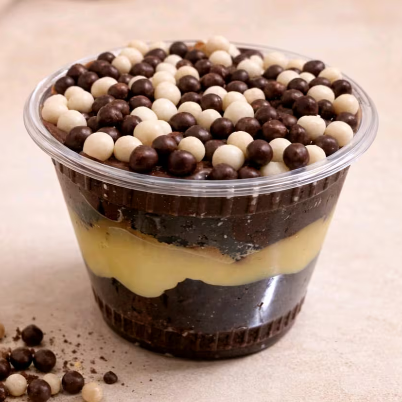 Brownie no pote com calda de brigadeiro de chocolate e chocolate branco, com bolinhas de cereal crocante por cima.