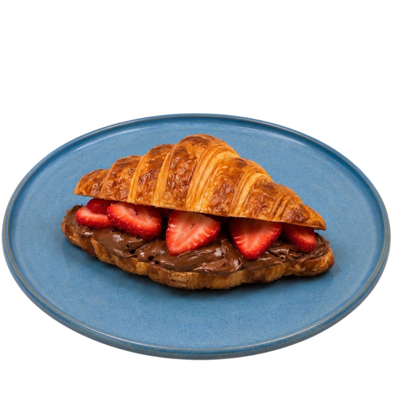 Croissant artesanal de massa folhada, leve e crocante, recheado com Nutella cremosa e morangos frescos.