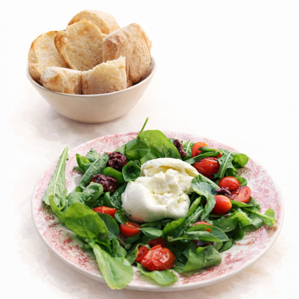 Salada de rúcula ou agrião com tomate confit, pesto de azeitona preta e burrata de muçarela de búfala temperada com azeite e pimenta-do-reino moída na hora. Acompanha cesta de torradas.