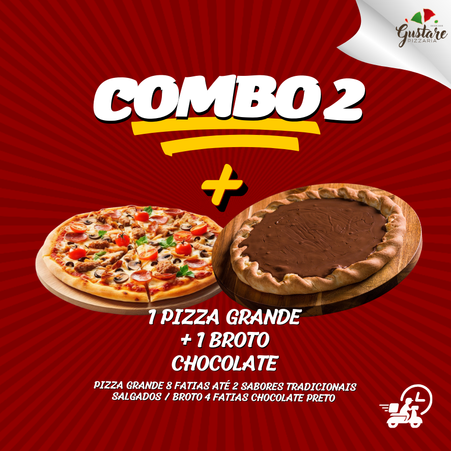 1 pizza grande (8 fatias), com até 2 sabores tradicionais salgados + 1 broto (4 fatias) de chocolate preto.