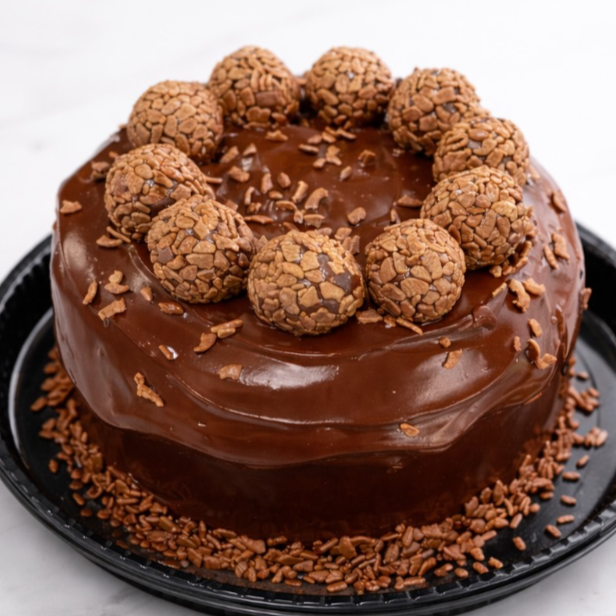 Massa fofinha e macia, totalmente envolvida por uma generosa cobertura de chocolate super cremosa, formando o irresistível efeito vulcão. Finalizado com brigadeiros de chocolate e granulado, é a escolha perfeita para quem ama uma sobremesa intensa, chocolatuda e cheia de sabor. Uma verdadeira tentação em cada pedaço.