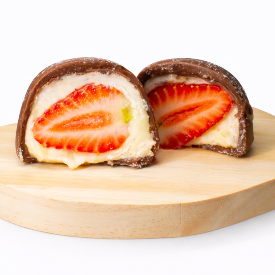 Recheio cremoso de Leite Ninho combinado com morango fresco, resultando em uma trufa leve, saborosa e irresistível do primeiro ao último pedaço.