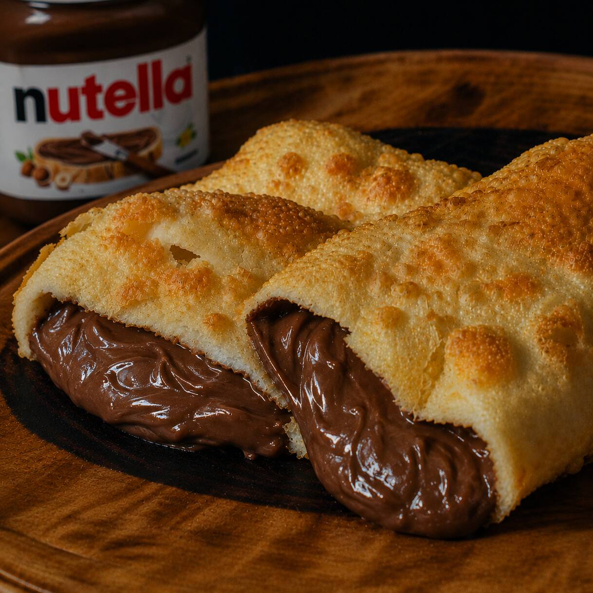 Nutella original. Polvilhado com chocolate em pó.