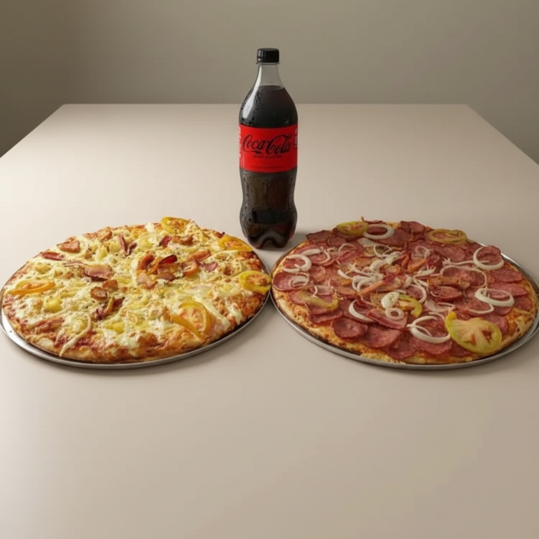 Delicioso Molho De Tomate Caseiro ,Mussarela, Calabresa, Orégano, Cebola E Delicioso Molho De Tomate Caseiro ,Mussarela, Frango Desfiado , Catupiry E Oregano + Coca Cola 1 Litro Gratis