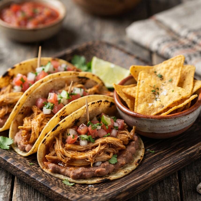 Trio de Tacos de Pollo con Nachos