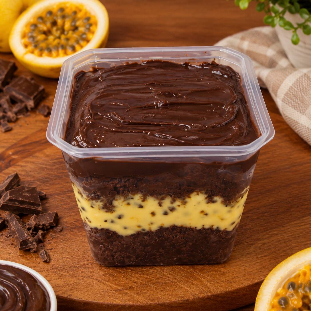 Bolo de pote artesanal com massa de chocolate, recheado com brigadeiro de chocolate e maracujá cremoso.
