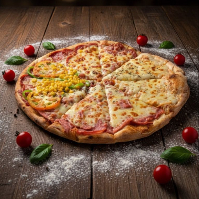 2 fatia à moda, 2 fatias presunto, 2 fatias calabresa, 2 fatias frango com catupiry.