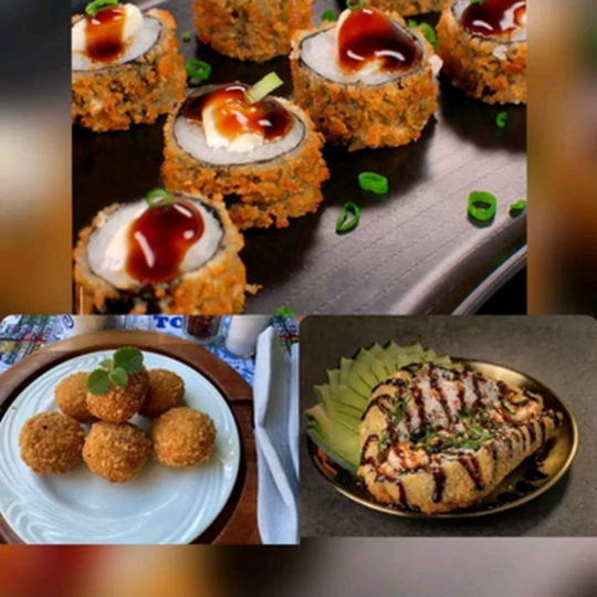 COMBO VAI COM 30 HOT ROLL DE SALMÃO. 10 BOLINHOS DE SALMÃO GRELHADO E 02 TEMAKIS HOT ROLL