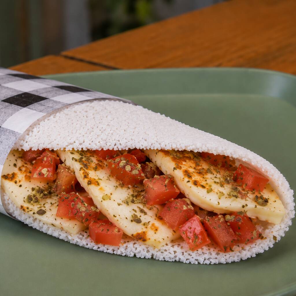 Rendada com queijo coalho, frango, tomate e orégano.