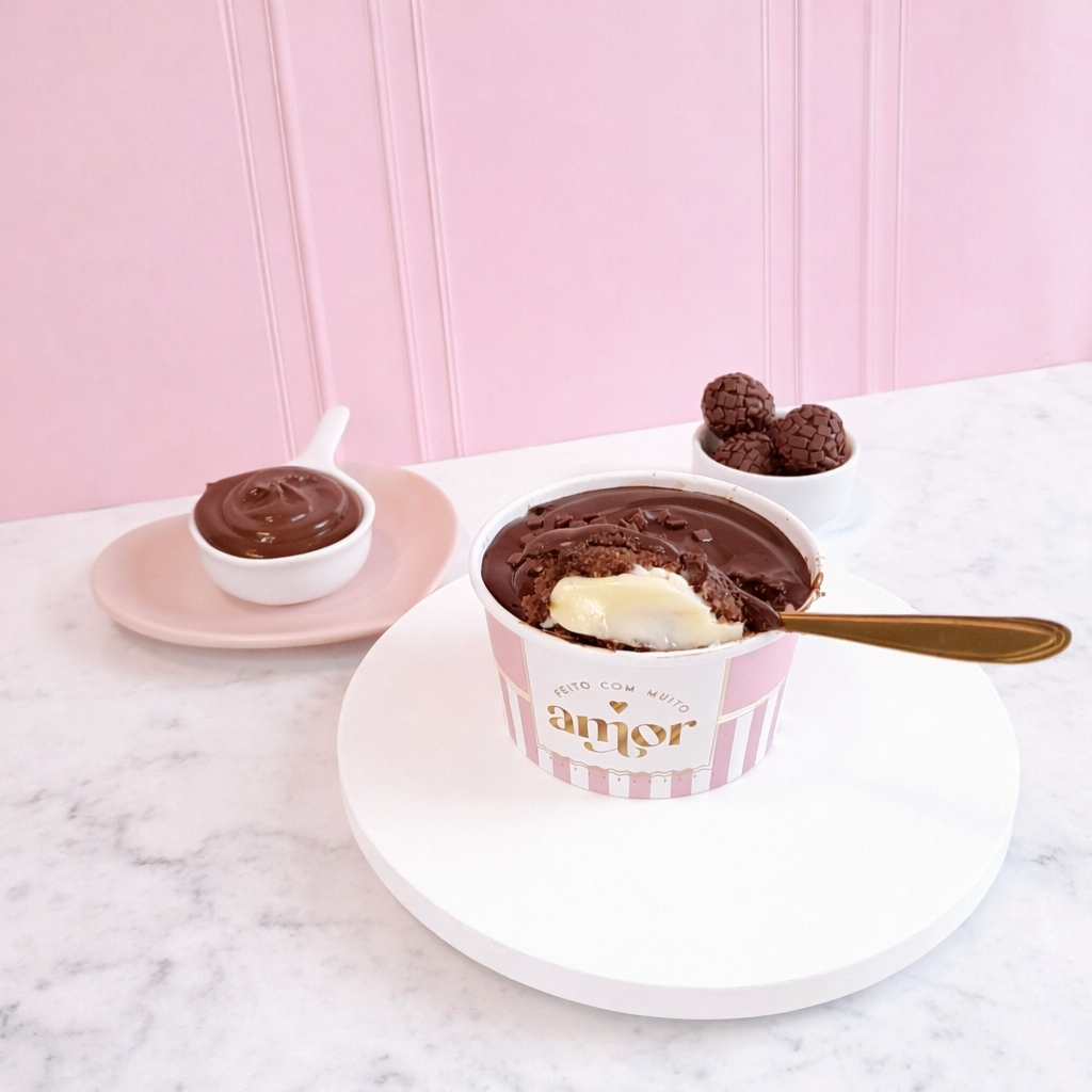 Nosso bolo de pote composto por uma massa de chocolate com 50% cacau bem molhadinha, intercalado com 2 camadas de brigadeiro ao leite mega cremoso, e uma camada de leite Ninho equilíbrio perfeito de brigadeiros cremoso. Peso : 220 Gr