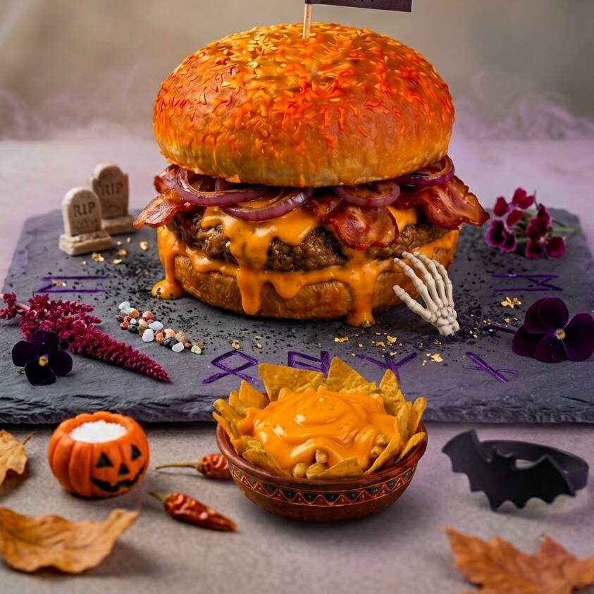 Combo Hamburguesa de Halloween y PapaNachos