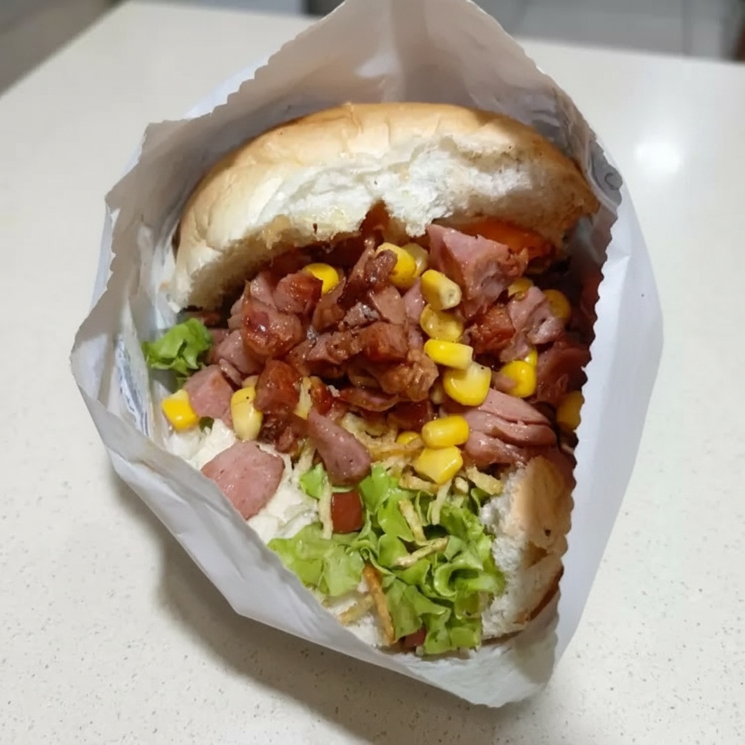 Pão, alface, tomate, milho,hambúrguer, apresuntado, mussarela, ketchup, maionese, calabresa, batata palha