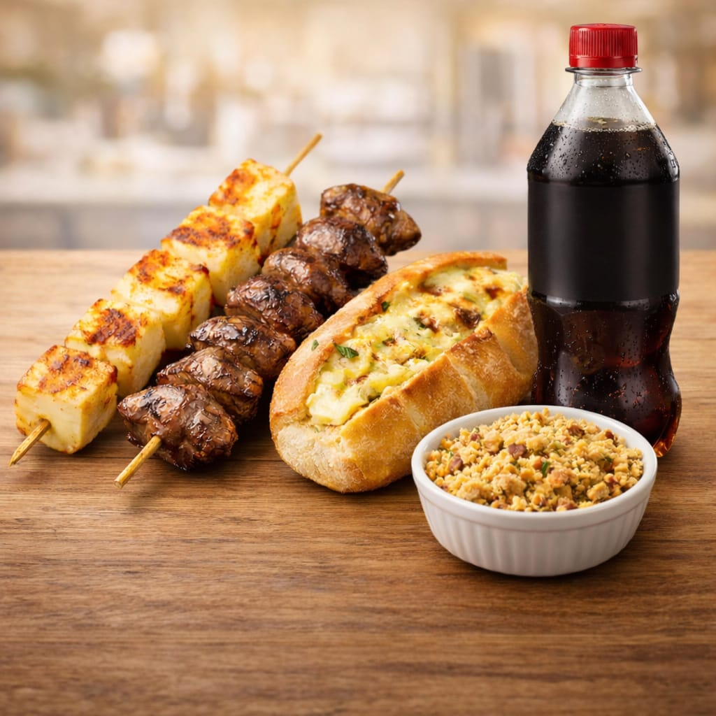 1 espetinho queijo coalho, 1 espetinho de coração, 1 pão de alho, 100g de farofa e coca cola pet