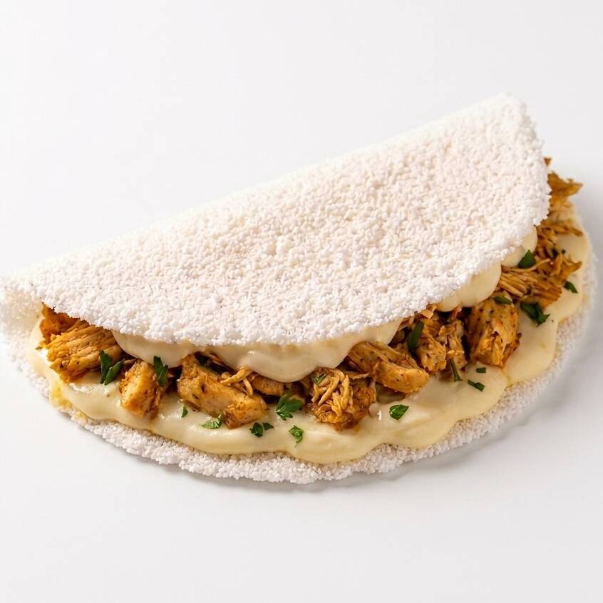 Tapioca quentinha, recheada com frango temperado delicioso e requeijão cremoso