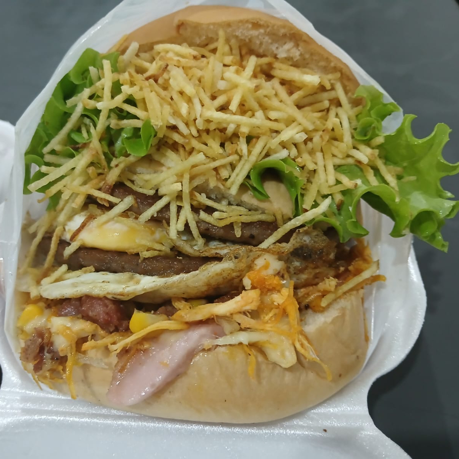 Pão, 2 bife, frango, bacon, 2 ovo, presunto, mussarela, salada, milho e batata palha