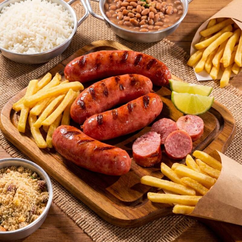 Linguiça Toscana acompanha arroz feijão e fritas