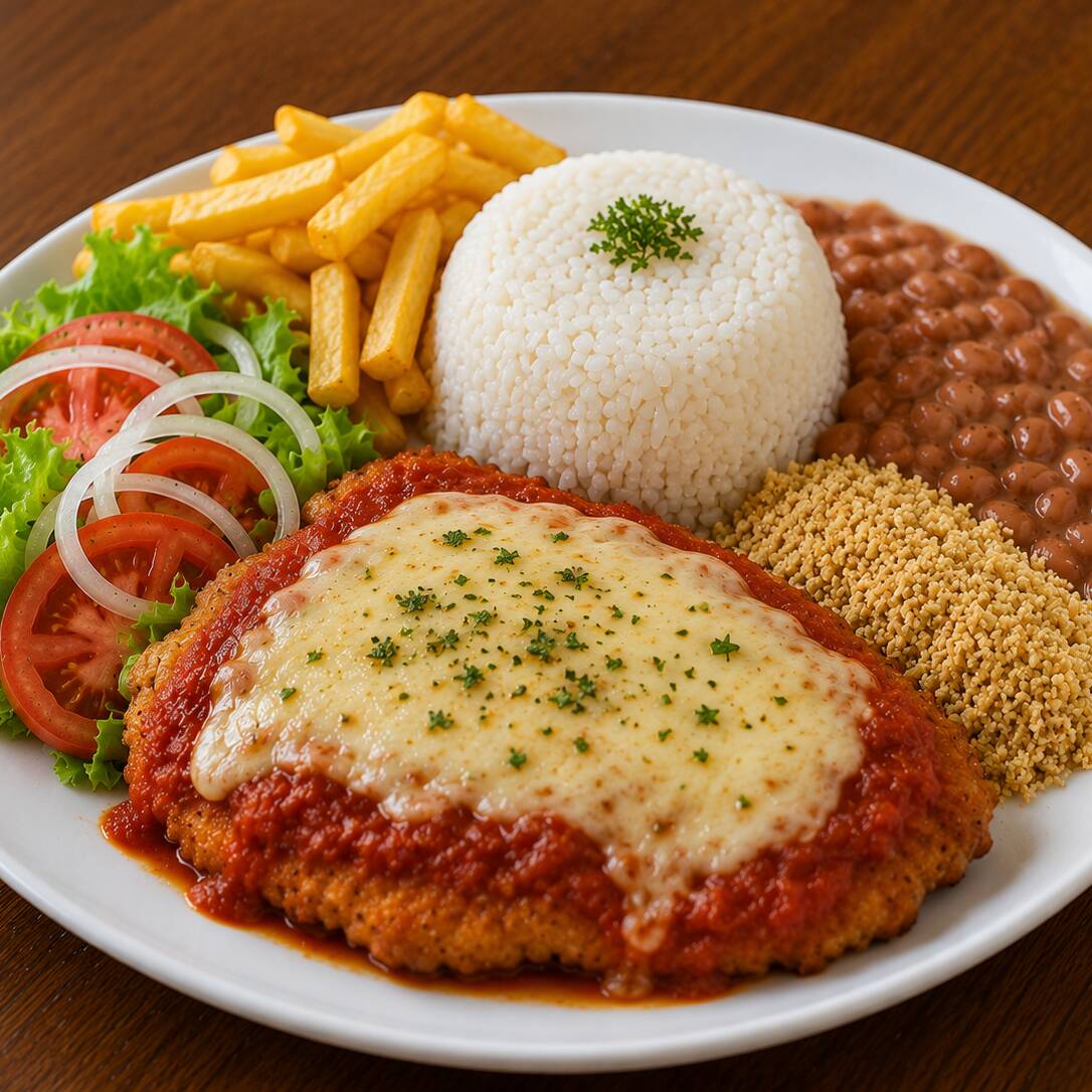 Frango à Parmegiana com arroz, Feijão, Farofa, Salada e Fritas.