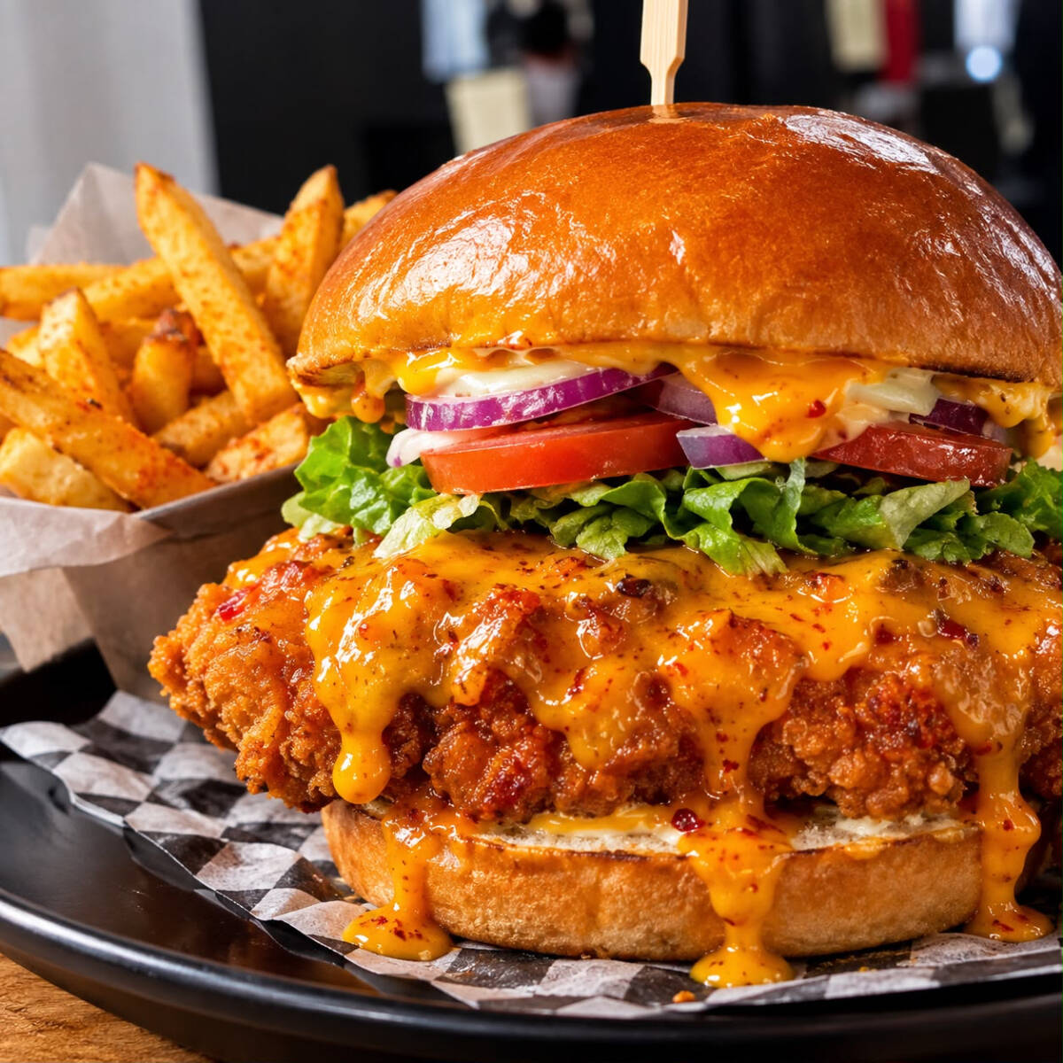 Hamburguesa de pollo con papas