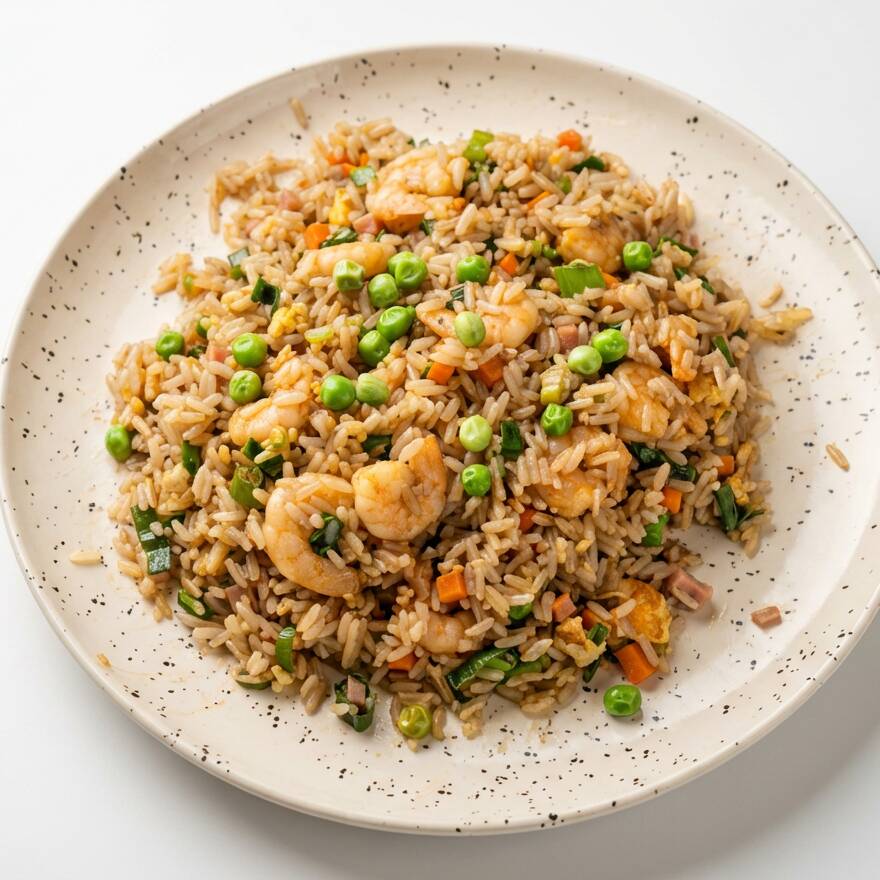 Arroz com Camarão, Flocos de Ovos, Cenoura, Apresuntado, Cebolinha Ervilha e Cebola e Alho Picado