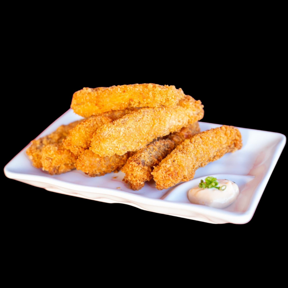 Pedaços finos de tilápia empanadas e fritas. Este item não acompanha molho.