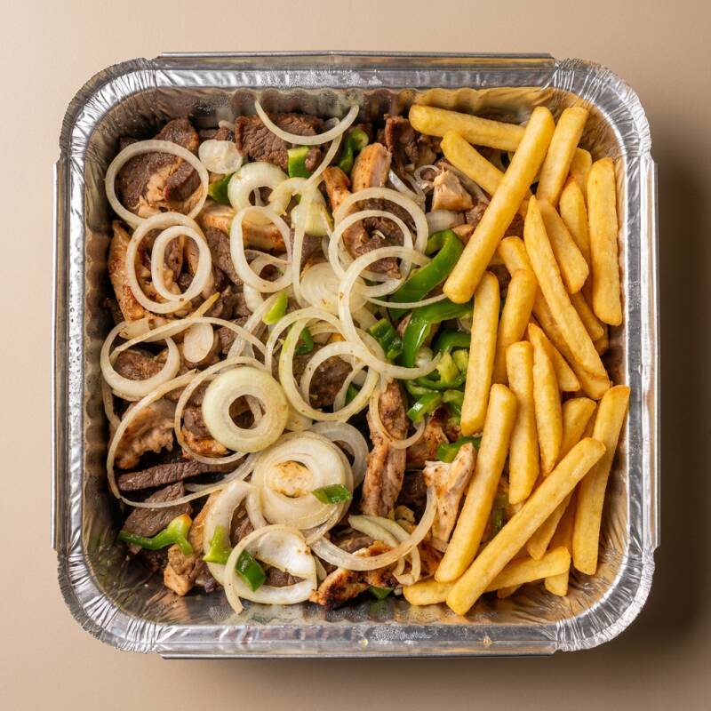 2 Marmitex de Bife acebolado (G) + 1 fritas (P) (Com arroz,feijão,macarrão,fritas ou purê)+ 1 refri 600 ml