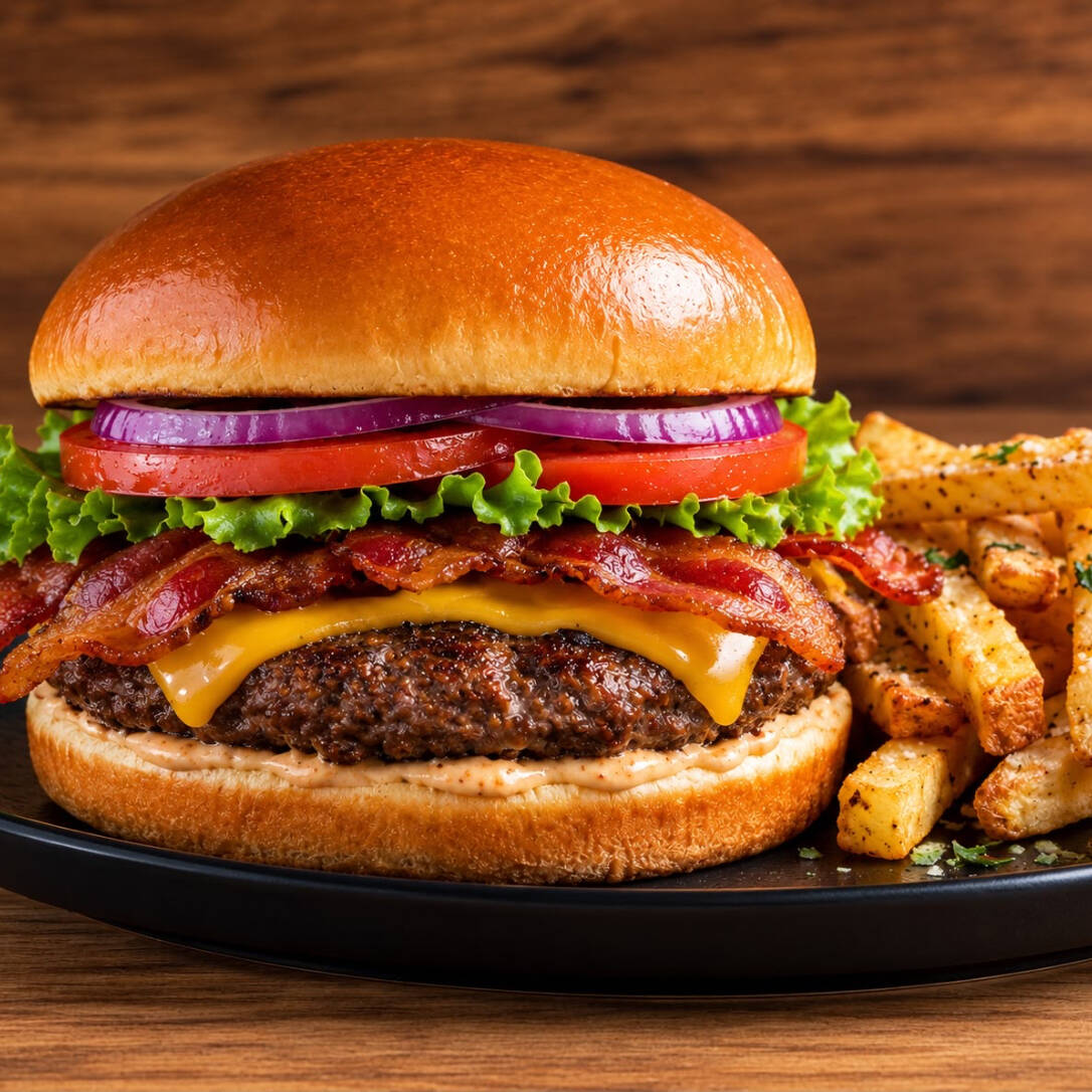 Hamburguesa con tocino y papas fritas