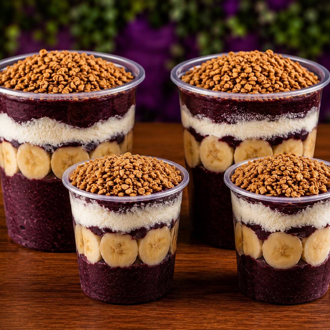 2 copo de açaí de 500 ml + 2 copo de açaí de 300 ml , granola , leite em pó , leite condensado e banana