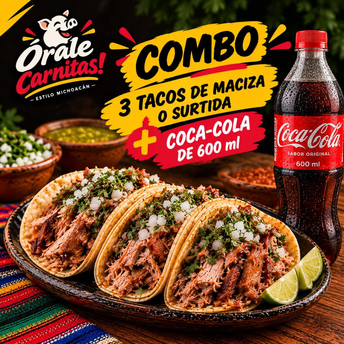 Órale Combo 1 - 3 Tacos de Carnitas + Coca 600ml