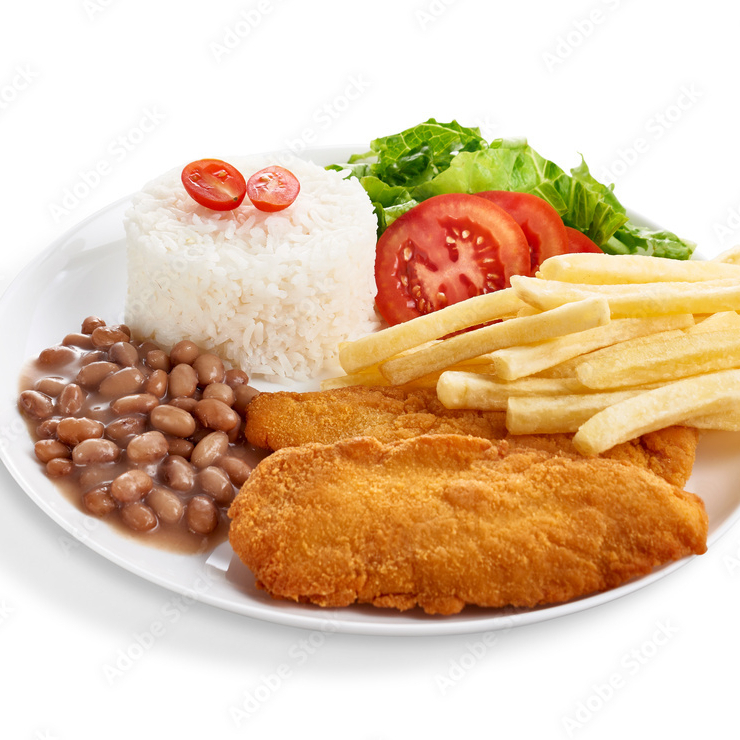 Arroz, Feijão, Farofa, batata Frita e Salada