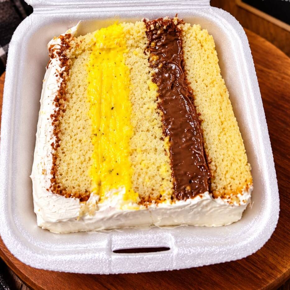 Fatia de bolo na massa amanteigada com recheio de brigadeiro e maracujá, bem molhadinho.