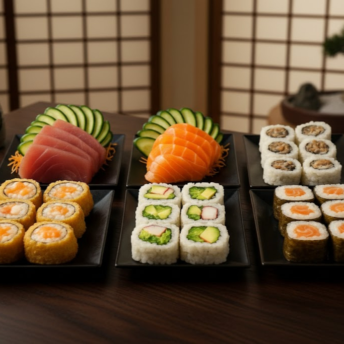 5 Sashimis Salmão + 5 Sashimis Atum + 6 Uramakis Califórnia + 6 Uramakis Skin + 6 Filadelfias Salmão + 6 Hots Salmão Filadélfia.