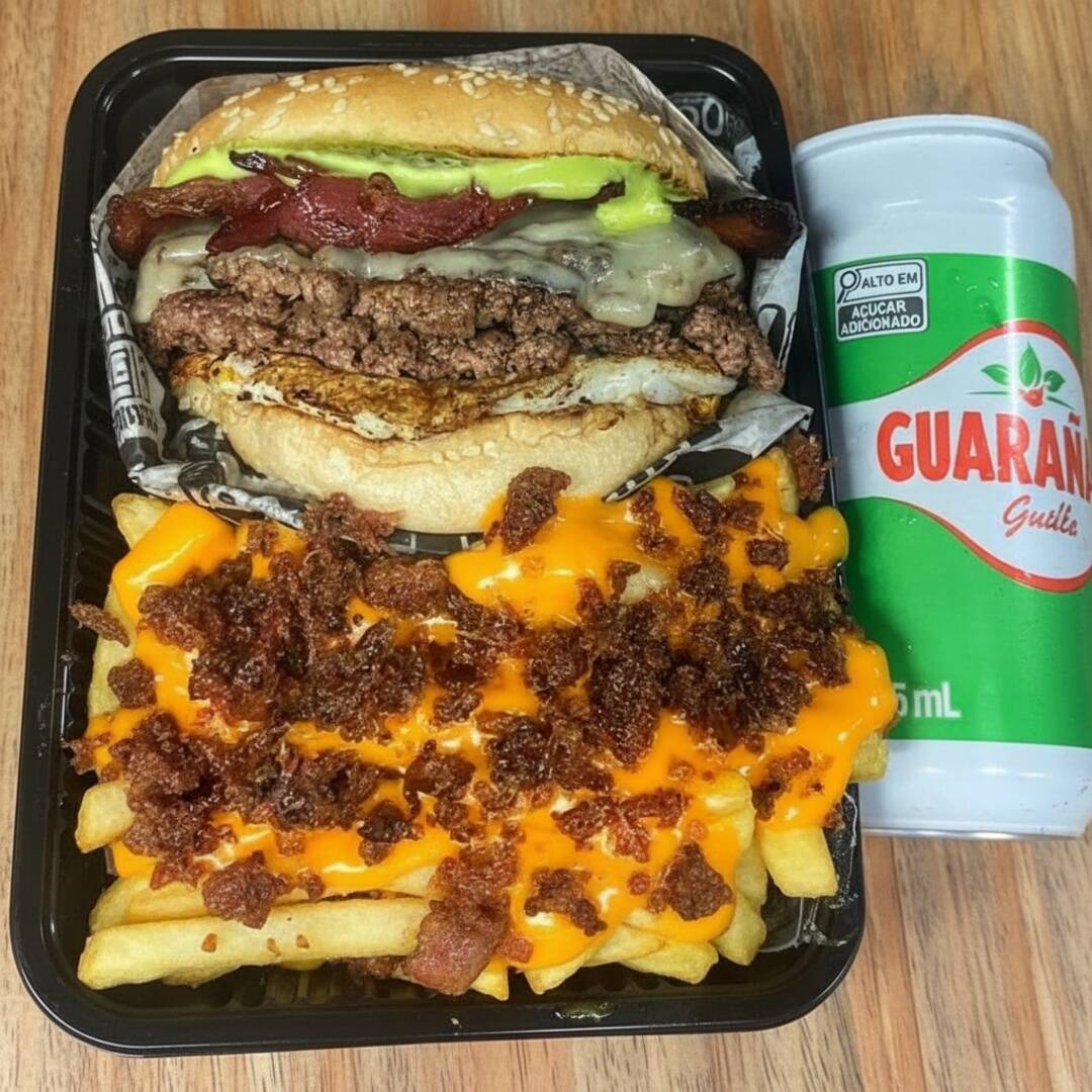 Pão Gergelim, 2 Carnes De Smash De 60g, Queijo Derretido No Vapor, Fatias De Bacon, Ovo, Molho De Ervas, Acompanhado De Fritas Com Cheddar Cremoso E Farofa De Bacon E Guaracamp Gratis.